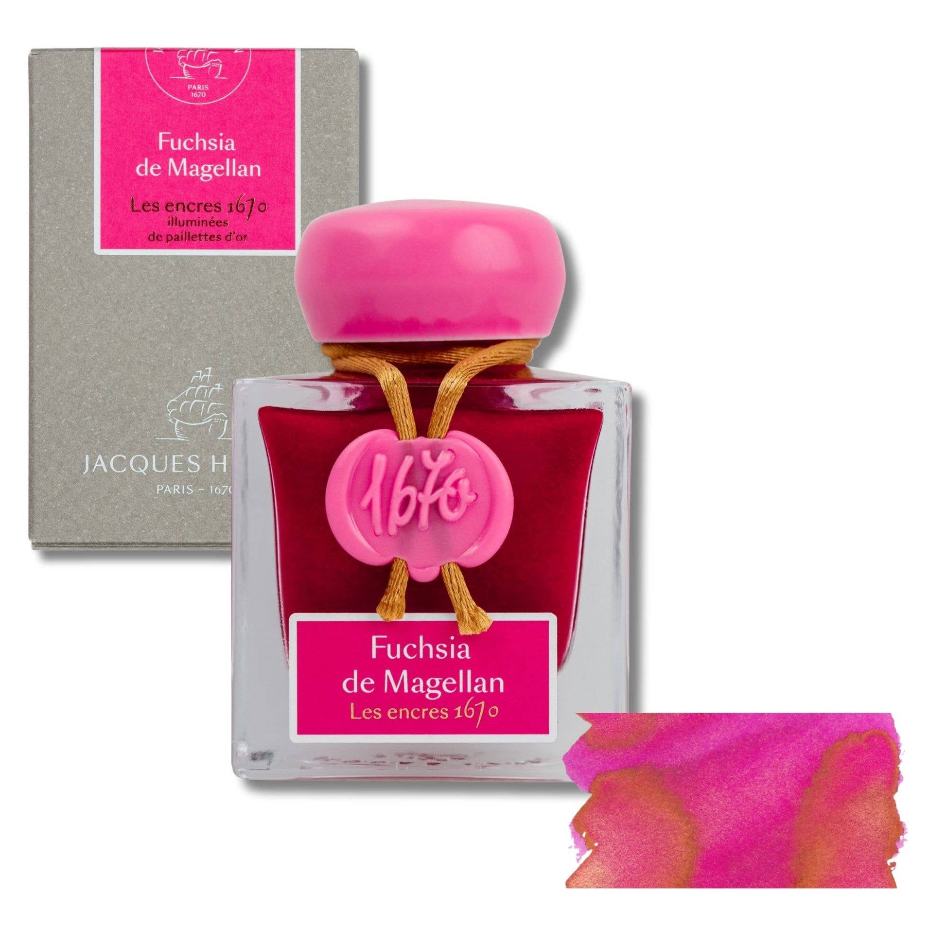 Perfume bottle and packaging of 'Fuchsia de Magellan' by Jacques H, with pink and red design.