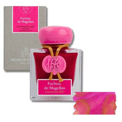 Perfume bottle and packaging of 'Fuchsia de Magellan' by Jacques H, with pink and red design.