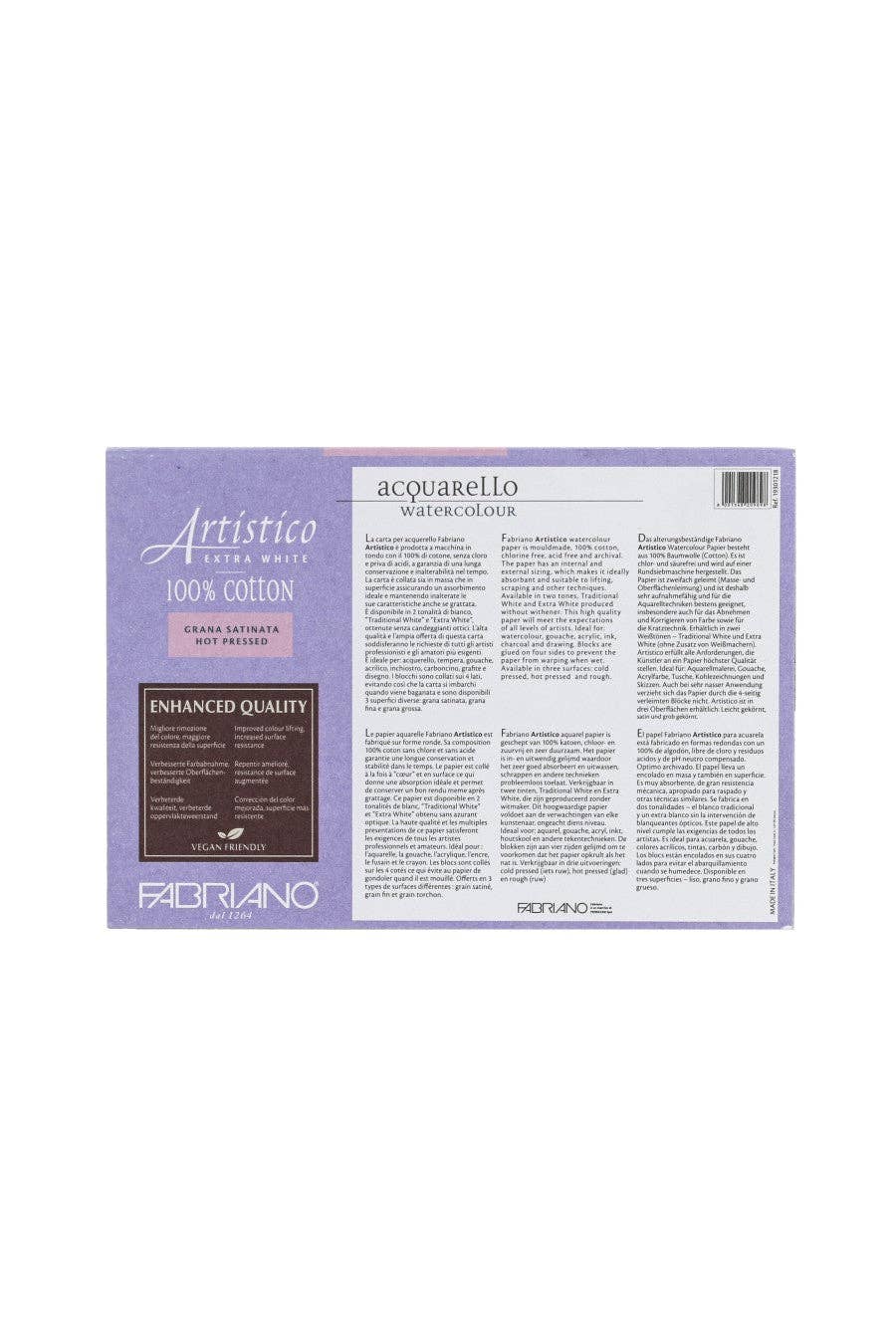 Packaging of Fabriano Artistic watercolor paper with text and branding.