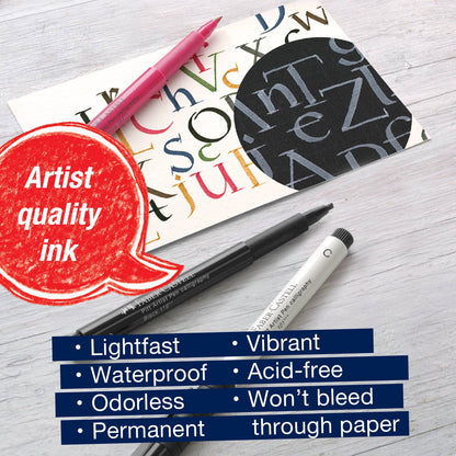Two markers on a piece of paper with text highlighting artist quality ink features.