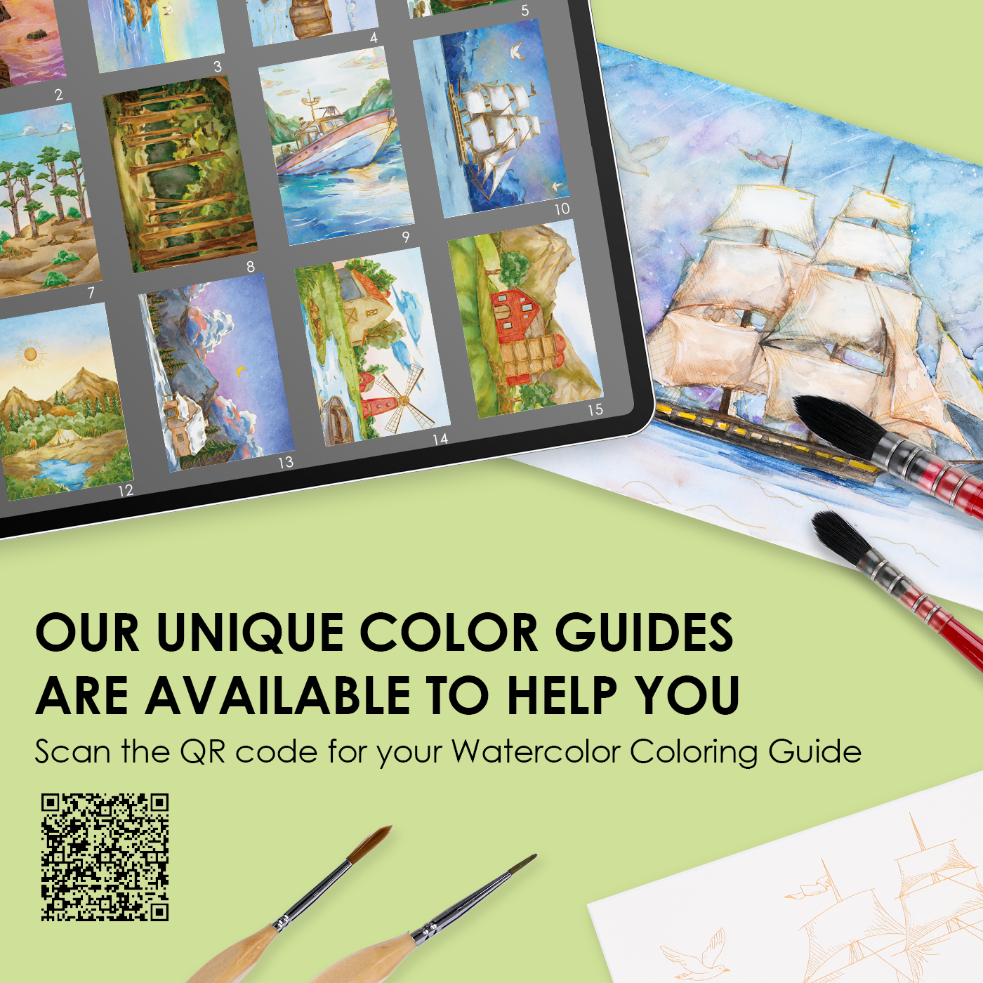 Color guide with watercolor illustrations and a tablet displaying more illustrations on a green background.