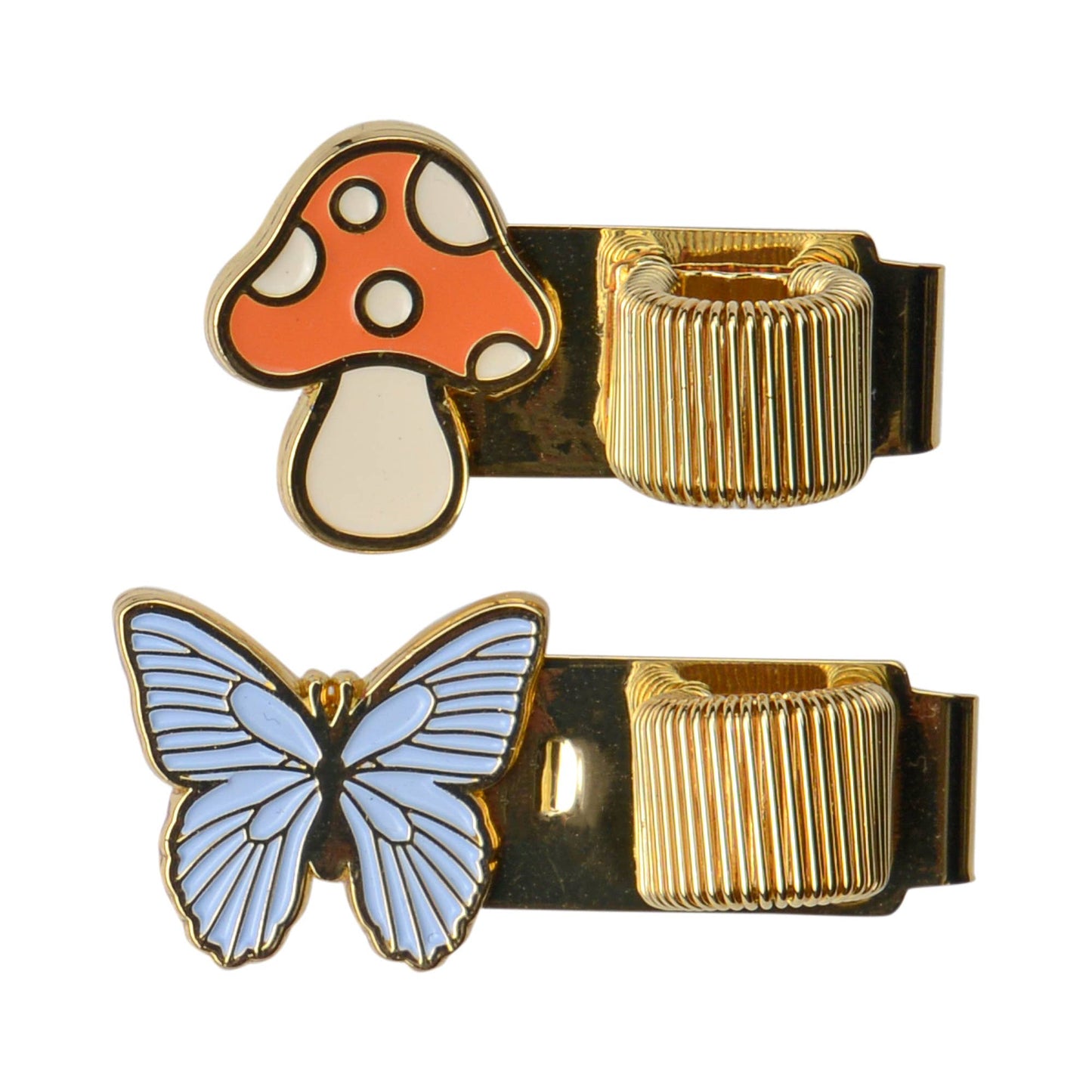 Two gold clips with mushroom and butterfly designs on a white background