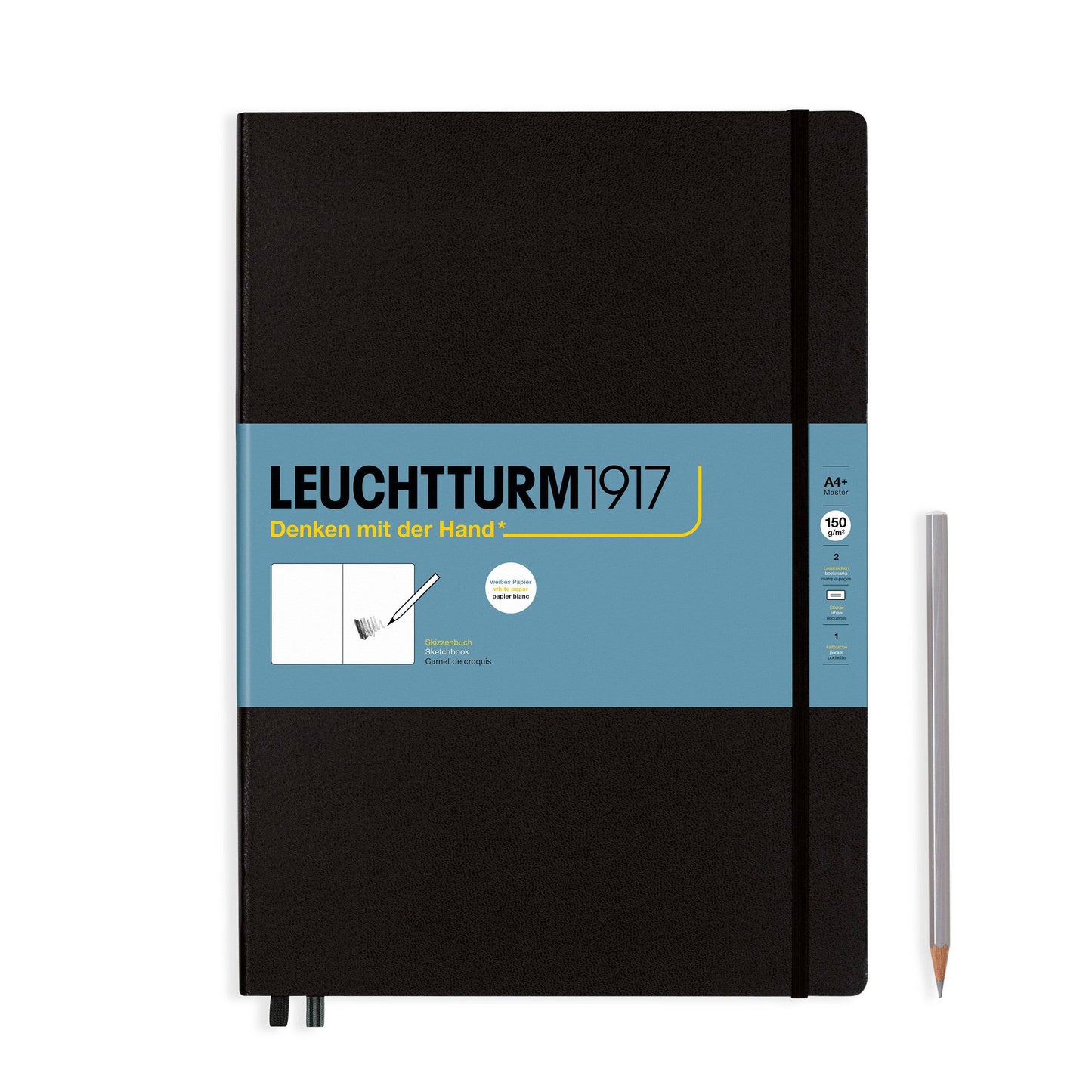 Black notebook with blue label featuring 'Leuchtturm1917' on a white background
