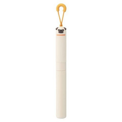A pair of Punilabo stick scissors with a beige and orange color scheme, featuring a spring-assisted mechanism and a loop for a lanyard or keyring.