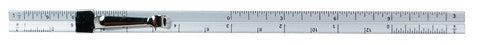 Metal ruler with measurements on a white background