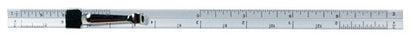 Metal ruler with measurements on a white background