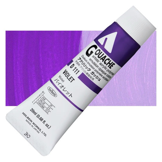 Gouache paint tube with a swatch of purple paint on a white background