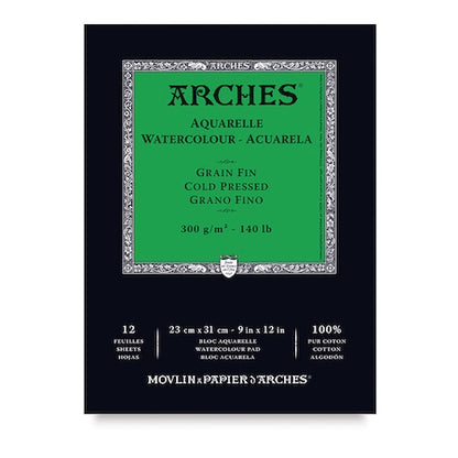 Arches watercolor paper pad packaging with green label on a black background