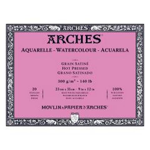 Arches watercolor paper packaging with pink background and black text