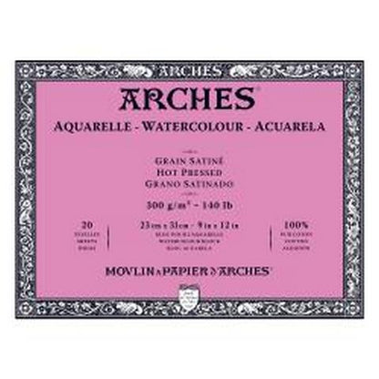 Arches watercolor paper packaging with pink background and black text