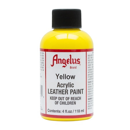 A 4 oz. bottle of Angelus brand yellow acrylic leather paint.