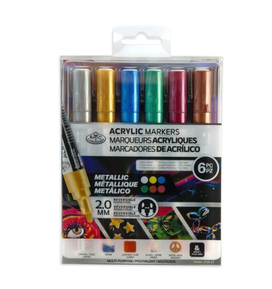 Royal Acrylic Markers 6 Piece Metallic Reversible Tip - 2mm