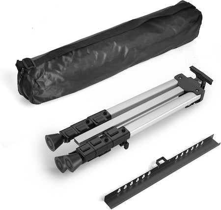 Camera tripod with carrying case on a white background