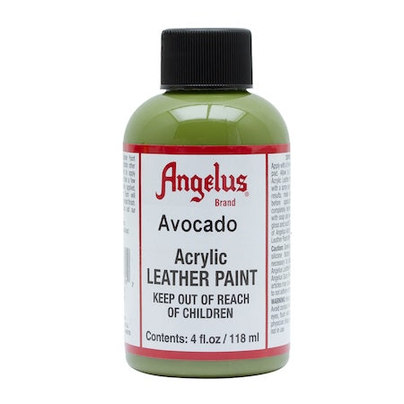 A collection of Angelus acrylic leather paint bottles in various colors.