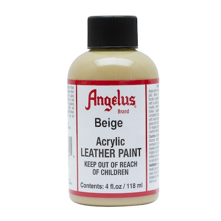 A bottle of Angelus brand beige acrylic leather paint.