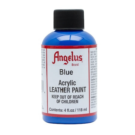 A bottle of Angelus brand blue acrylic leather paint.