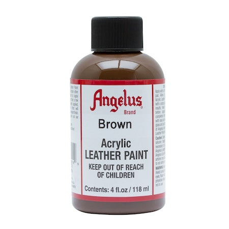 A 4 oz. bottle of Angelus brand brown acrylic leather paint.