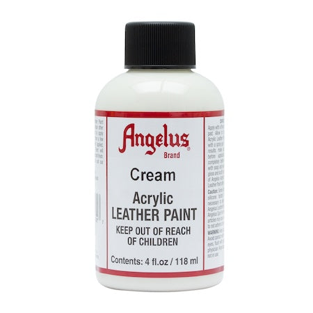 A collection of Angelus acrylic leather paint bottles in various colors.