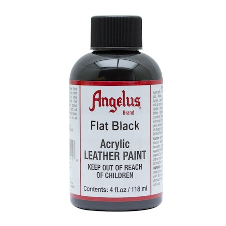 A bottle of Angelus brand Flat Black acrylic leather paint.