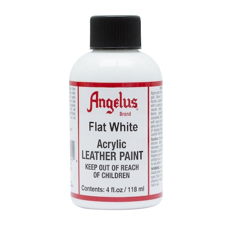 A bottle of Angelus brand Flat White acrylic leather paint.