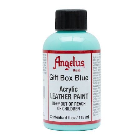 A collection of Angelus acrylic leather paint bottles in various colors.