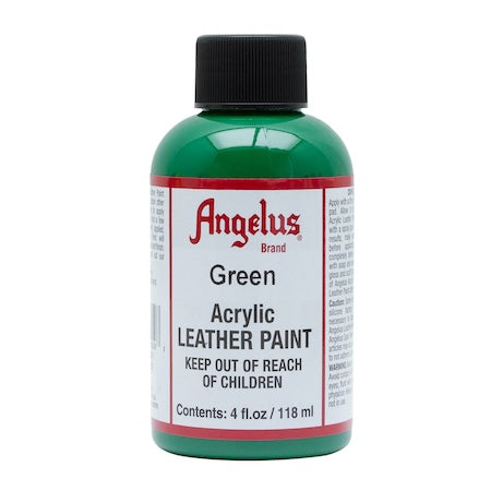 A bottle of Angelus brand green acrylic leather paint.