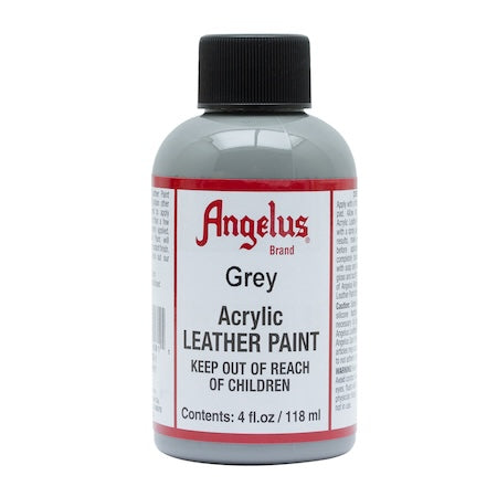 A bottle of Angelus brand grey acrylic leather paint.