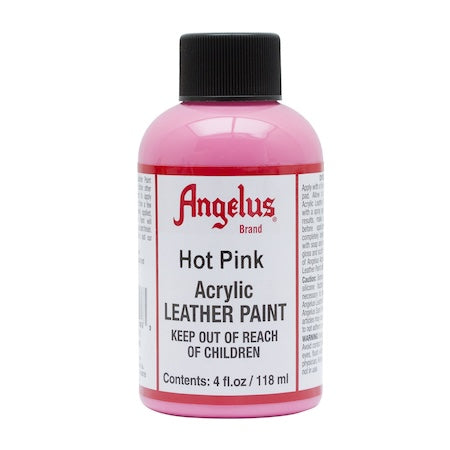 A collection of Angelus acrylic leather paint bottles in various colors.