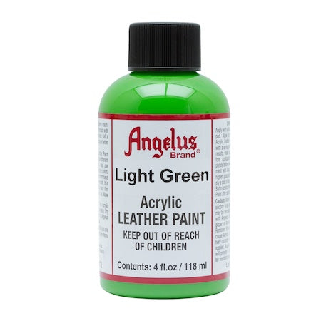 A collection of Angelus acrylic leather paint bottles in various colors.