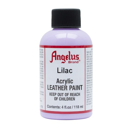 A collection of Angelus acrylic leather paint bottles in various colors.