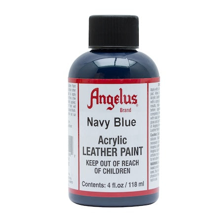 A bottle of Angelus brand Navy Blue acrylic leather paint.