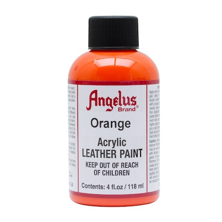 A bottle of Angelus brand orange acrylic leather paint.
