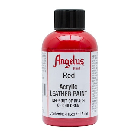 A 4 oz. bottle of Angelus brand red acrylic leather paint.