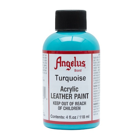 A bottle of Angelus brand Turquoise acrylic leather paint.