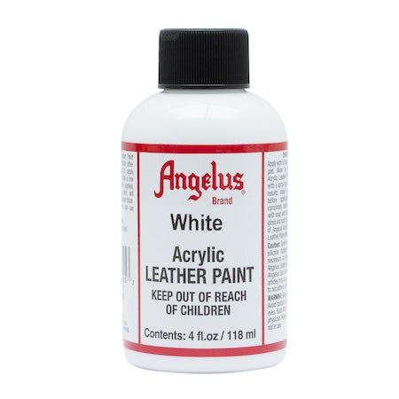A bottle of Angelus brand white acrylic leather paint with a black cap and red and white label.