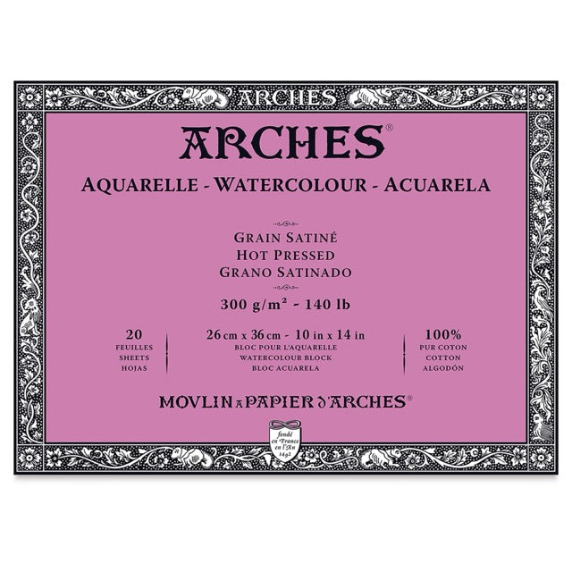 Arches watercolor paper packaging with pink background and black text