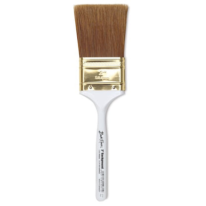 A flat, rectangular paintbrush with a white handle and synthetic bristles, branded with the name 'Bob Ross'.
