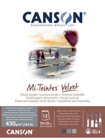 Packaging for Canson Mi-Teintes Velvet Pads with an illustration of a hot air balloon and a cityscape in the background, indicating the product is for pastel artists.