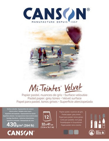 Packaging for Canson Mi-Teintes Velvet Pads with an illustration of a hot air balloon and a cityscape in the background, indicating the product is for pastel artists.
