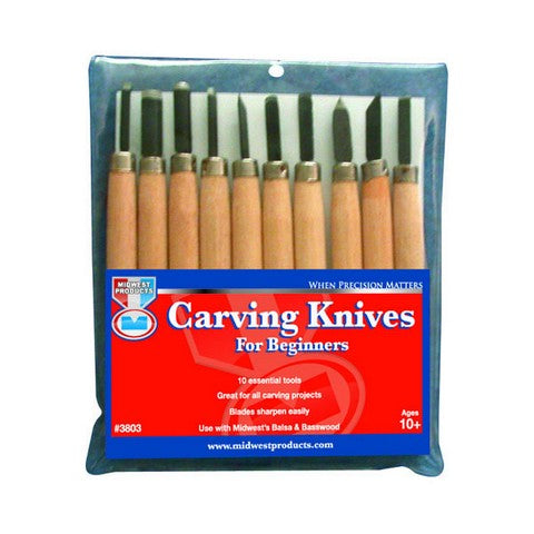 Pack of carving knives for beginners with a clear packaging showing the tools inside.