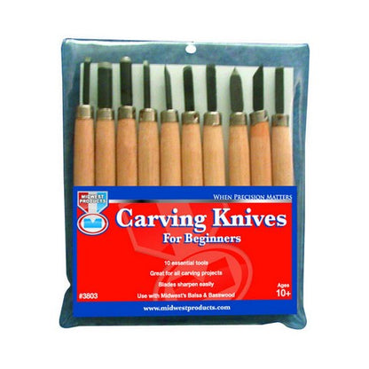Pack of carving knives for beginners with a clear packaging showing the tools inside.