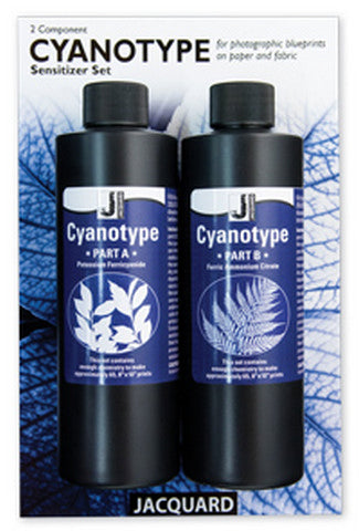 Cyanotype sensitizer set packaging with two bottles labeled 'Part A' and 'Part B' on a blue and white patterned background.