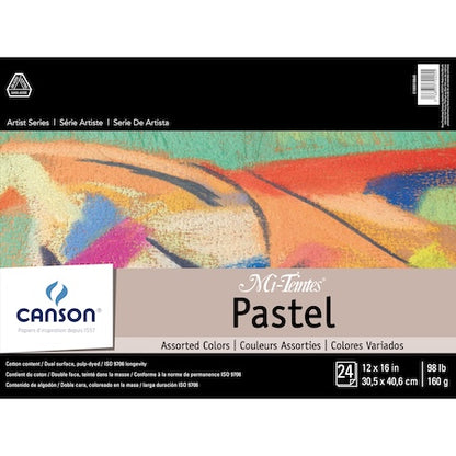 A pack of Canson Mi-Teintes paper pads with assorted colors. The paper pad is designed for pastel, pencil, charcoal, colored pencil, and gouache work.