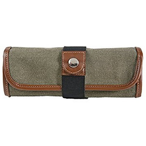 Green roll-up pouch with brown leather accents on a white background