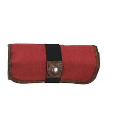 Red fabric roll with black strap and button on a white background