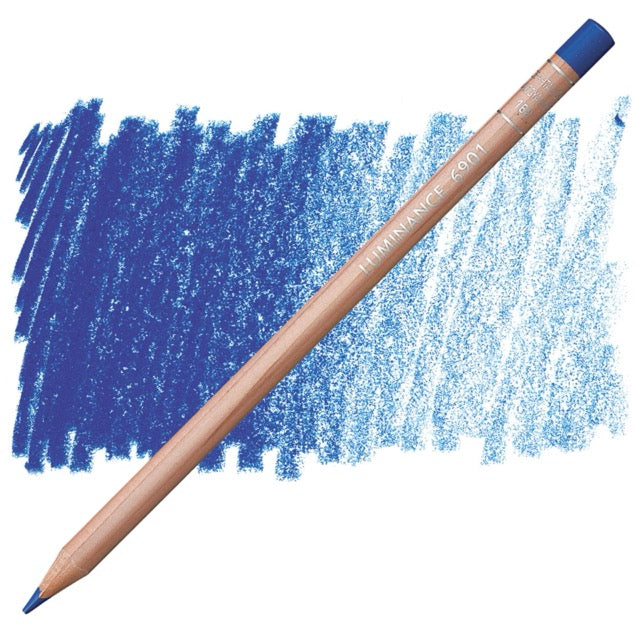 Color pencil with blue eraser tip next to a blue color swatch on a white background