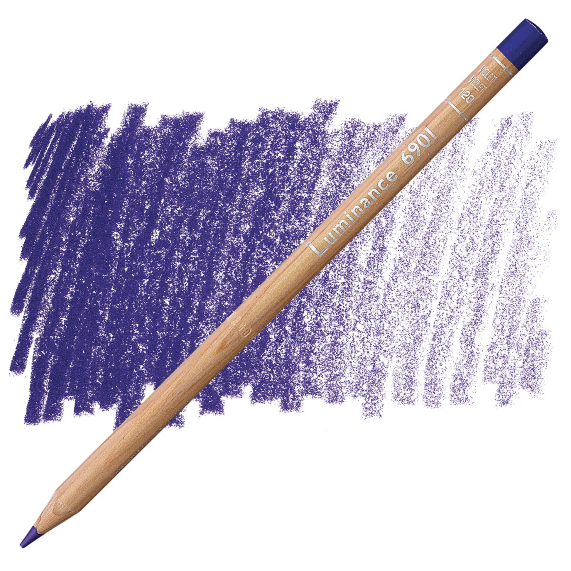 Color pencil with blue eraser and purple color swatch on white background