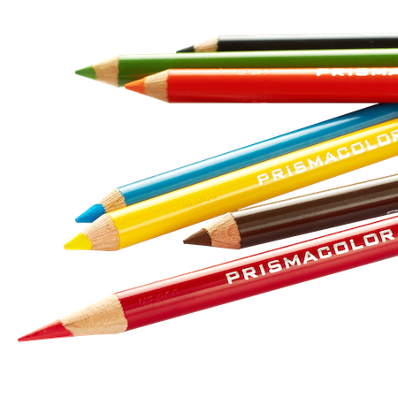 Prismacolor colored pencils in various colors on a white background