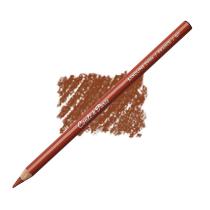 A Conte Sanguine Medicis drawing pencil with a swatch of sanguine color next to it, indicating the shade produced by the pencil.