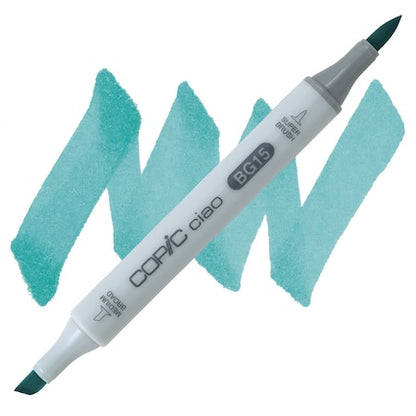 Copic Ciao marker with a double-ended design, showing a fine tip on one end and a broad tip on the other, with a teal color cap.